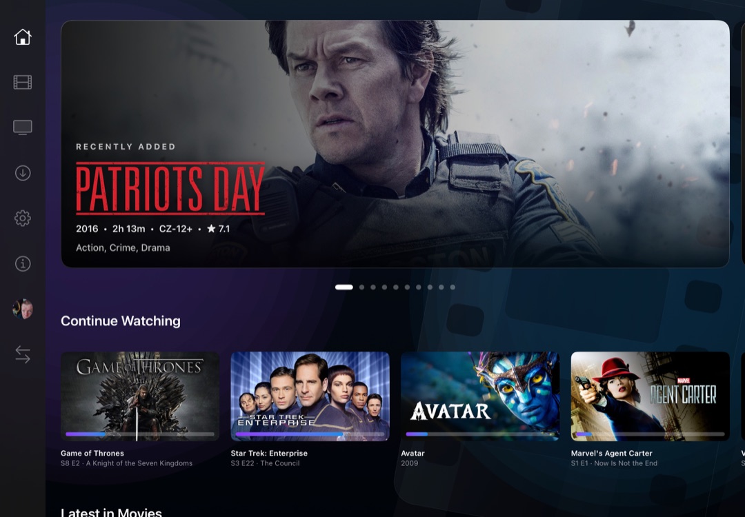 Cinema for iPad with Patriots Day hero artwork, Continue Watching, and sidebar navigation