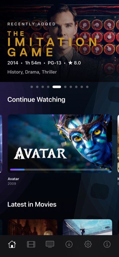 Cinema for iPhone with The Imitation Game hero artwork, Continue Watching, and bottom navigation